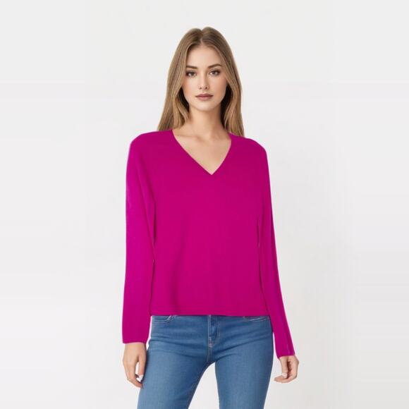 Ellen Tracy Sweaters - Ellen Tracy Cashmere V-Neck Sweater Large Fuchsia Long Sleeve Fitted Soft #5640